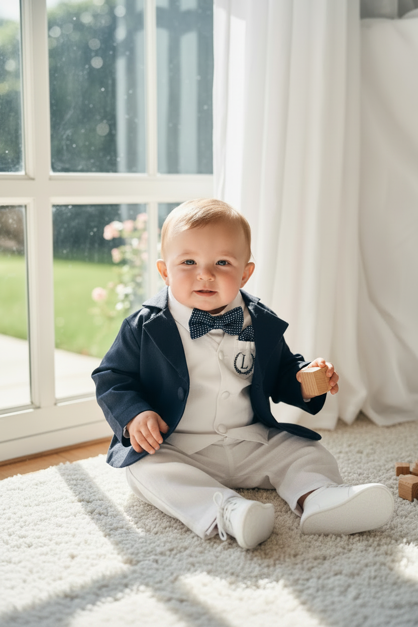 Boys white vest with white linen suit and navy jacket set