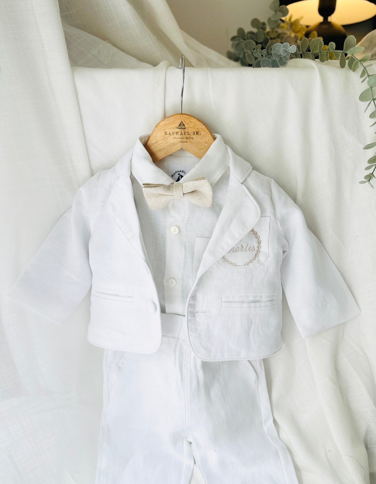 Boys white linen full 5 piece suit with vest, jacket, shirt, pants, suspenders and bow tie plus extras