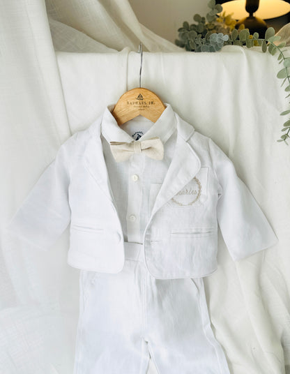 Boys white linen full 5 piece suit with vest, jacket, shirt, pants, suspenders and bow tie plus extras