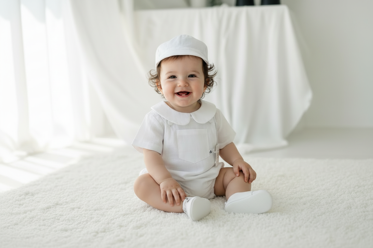 White linen baby cap for baptisms and christenings with optional embroidery