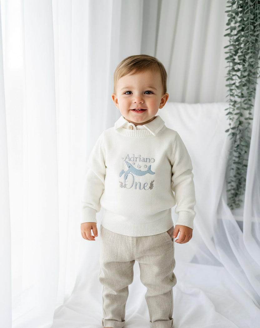 Birthday outfit with cotton onesie and embroidered jumper and linen pants