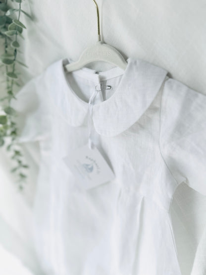 Linen Baptism 3/4 length jumpsuit with optional cardigan and embroidery