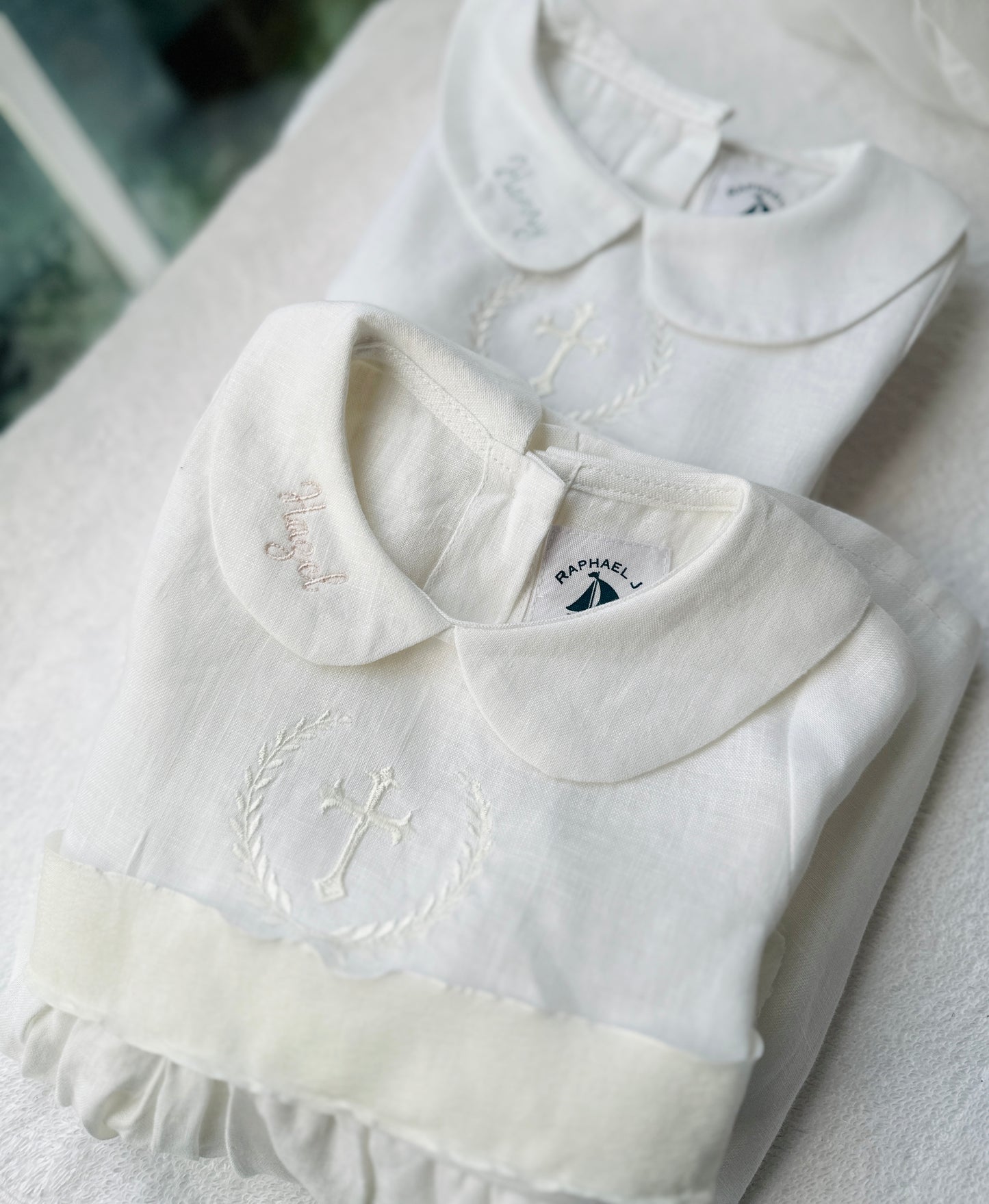 Pure Linen knee length Baptism Dress with embroidery and bloomers and optional ribbon