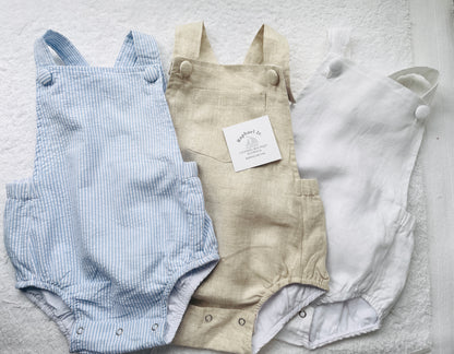 Boys Beige Linen First Birthday romper Pooh Bear and other designs