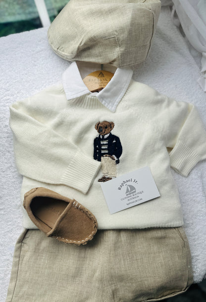 Polo Bear first birthday set with linen shirt, shorts and bear jumper