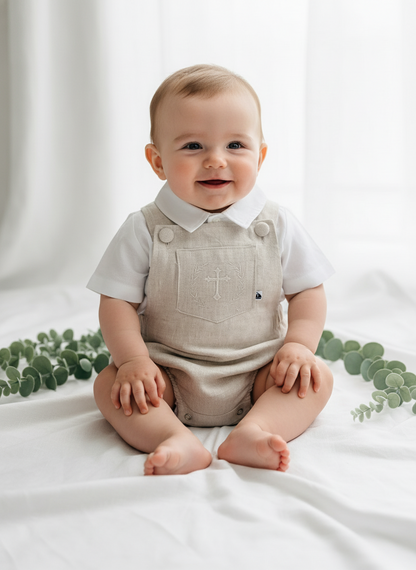 Beige linen baptism romper and shirt set