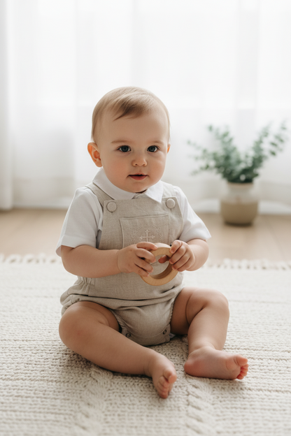 Beige linen baptism and birthday romper and shirt set