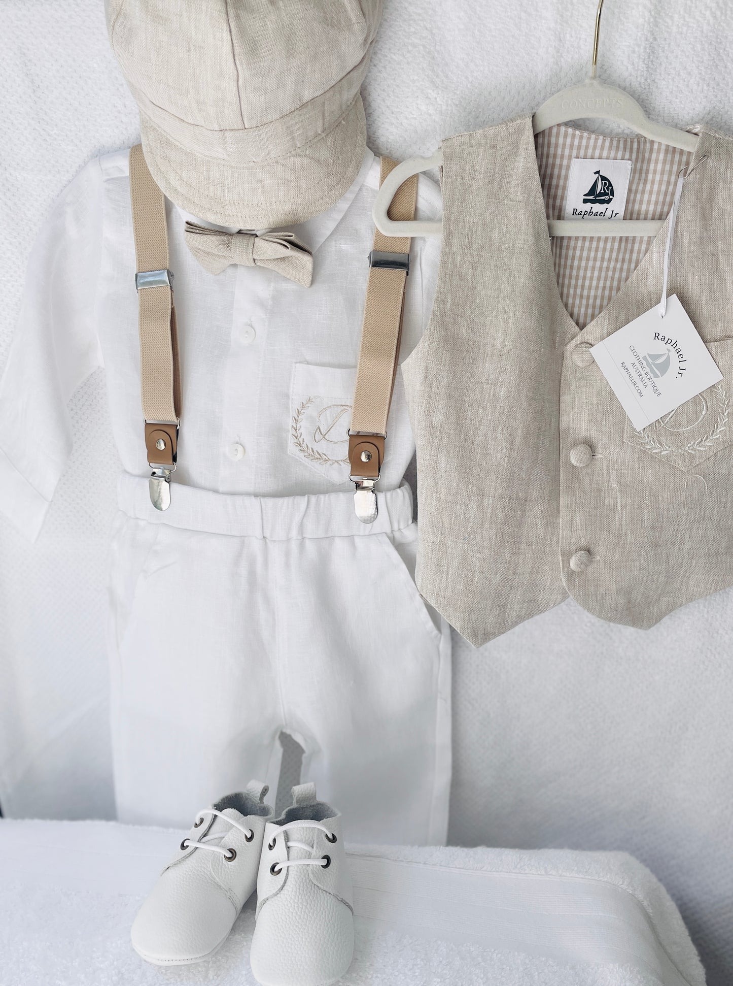 White and Beige Linen set with vest, shirt, pants, suspenders and bowtie plus optional jacket, cap and shoes