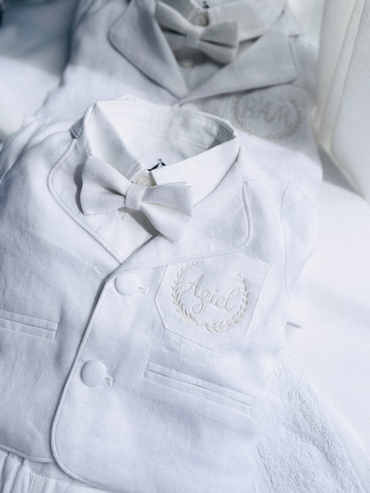 Boys White linen Baptism blazer jacket with optional embroidery