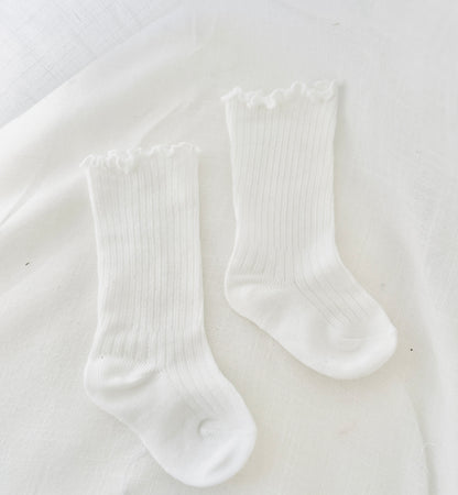 Baby and toddler girls white long frilly christening socks