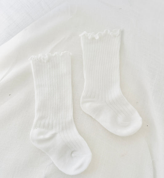 Baby and toddler girls white long frilly christening socks