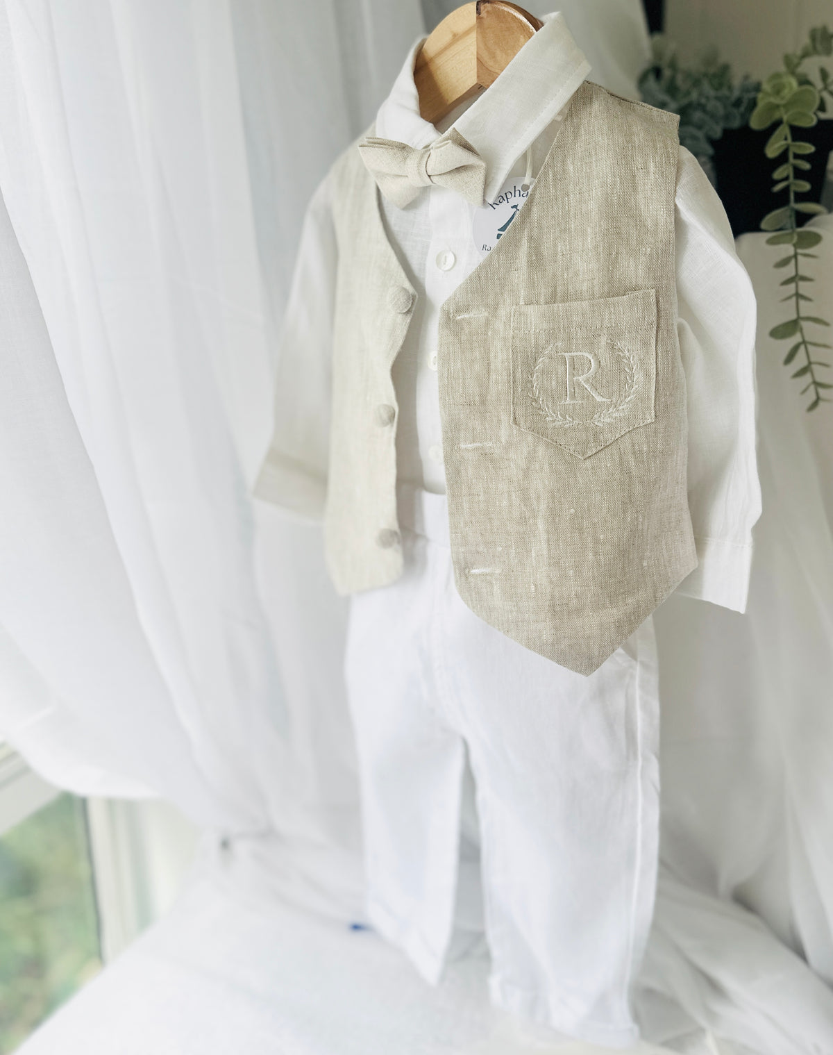 White and Beige Linen set with vest, shirt, pants, suspenders and bowtie plus optional jacket, cap and shoes