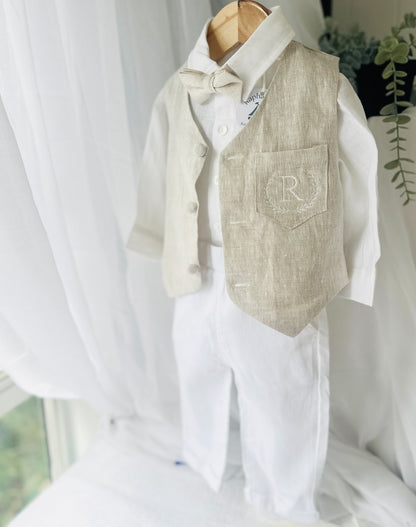 White and Beige Linen set with vest, shirt, pants, suspenders and bowtie plus optional jacket, cap and shoes