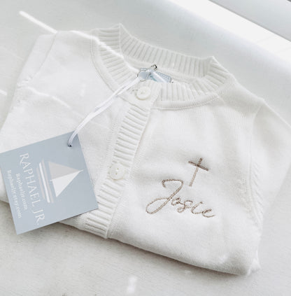 White cotton Baptism christening cardigan sweater with optional embroidery