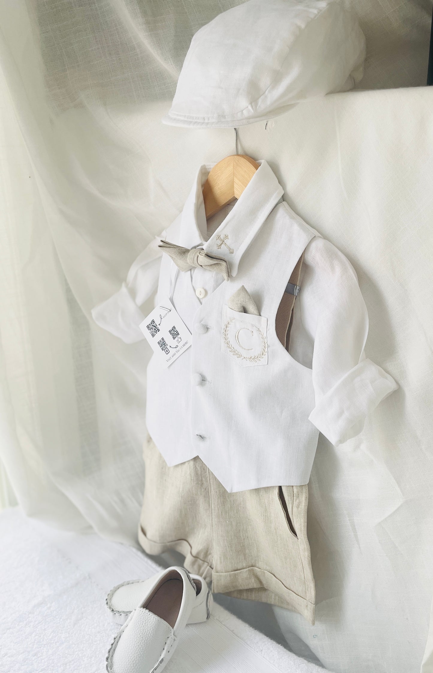 Boys white and beige linen set with vest, shirt, shorts, suspenders and bowtie