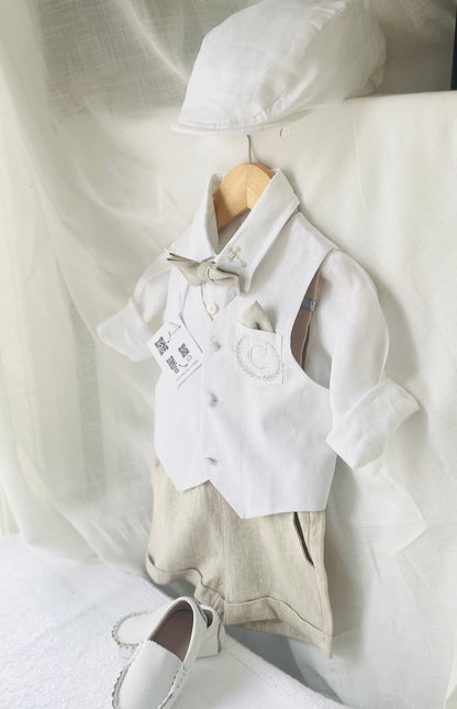 Boys white and beige linen Baptism and Wedding Outfit with vest, shirt, shorts, suspenders and bow tie