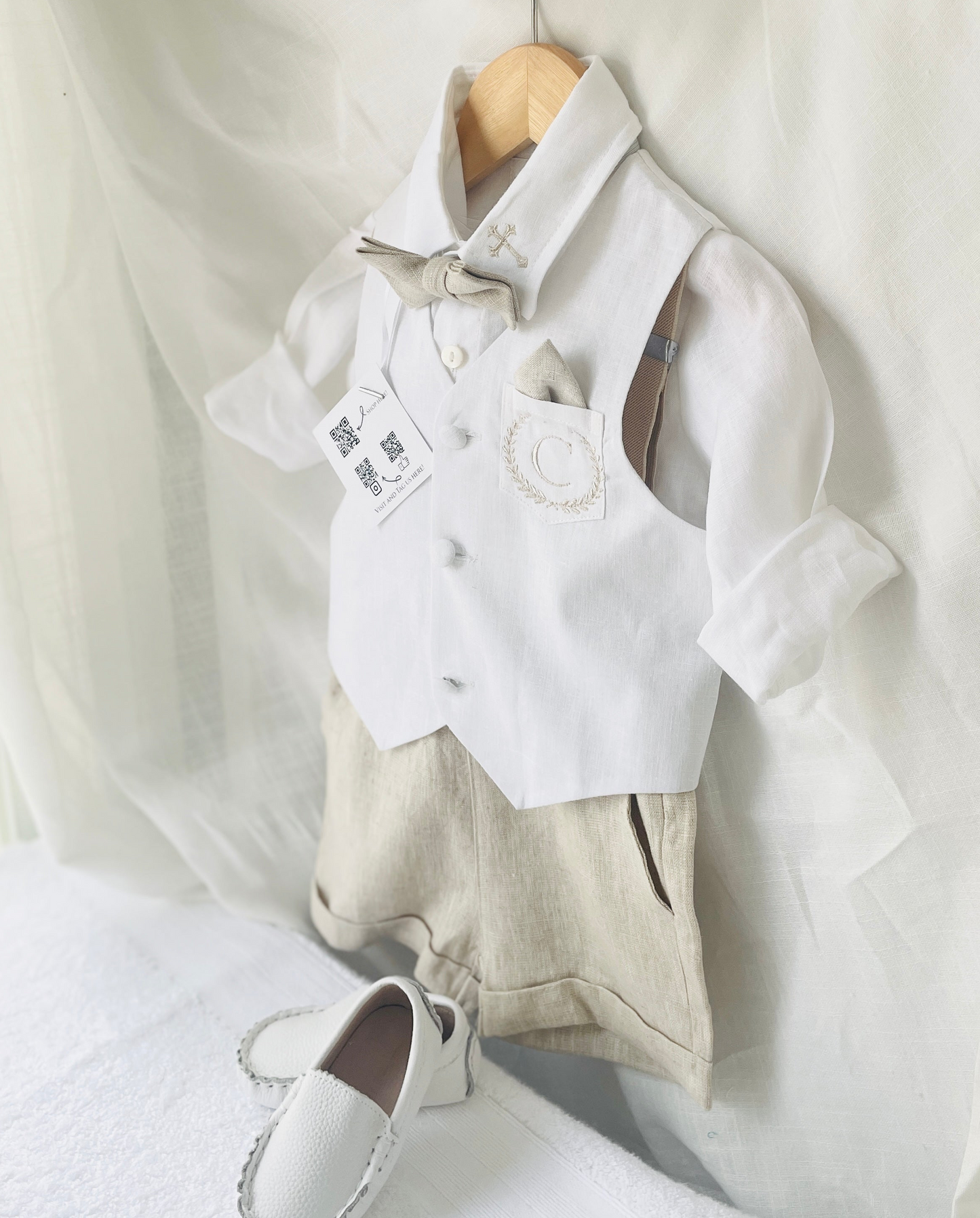 Boys white and beige linen set with vest, shirt, shorts, suspenders and bowtie