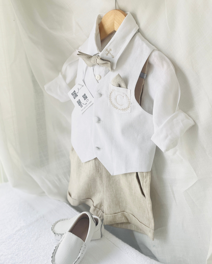 Boys white and beige linen Baptism and Wedding Outfit with vest, shirt, shorts, suspenders and bow tie