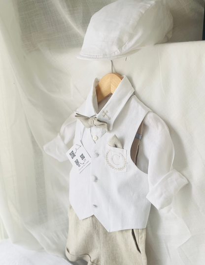 Boys white and beige linen Baptism and Wedding Outfit with vest, shirt, shorts, suspenders and bow tie