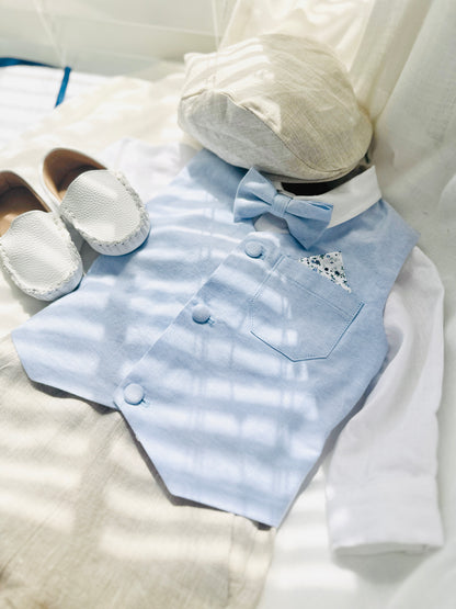 Beige Linen pants and blue vest outfit