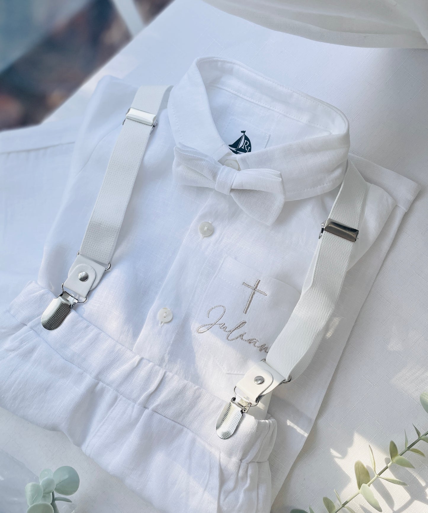 White linen Baptism suit set with pants, shirt, suspenders and bowtie plus optional extras