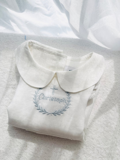 Linen Baptism peter pan collar bubble romper with optional embroidery customisation