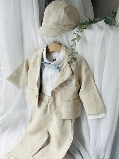 Beige Linen full length suit with pants, shirt, jacket and accessories