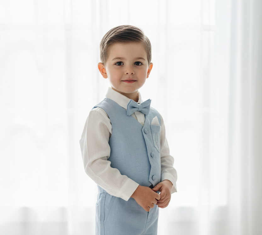 Pale blue summer vest set with blue vest, suspender shorts white shirt and bowtie