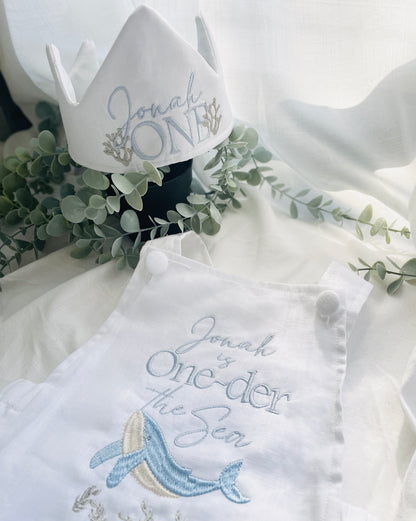 Boys White Linen first birthday romper with custom embroidery designs