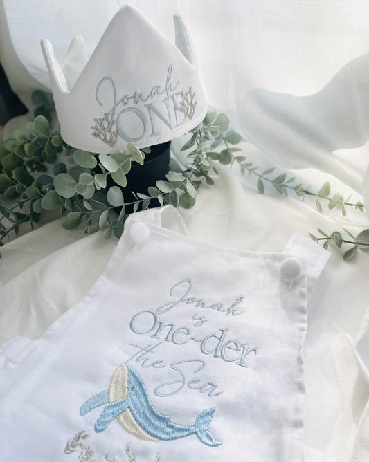 Boys White Linen romper overalls under the sea whale