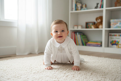 Linen Baptism peter pan collar bubble romper with optional embroidery customisation