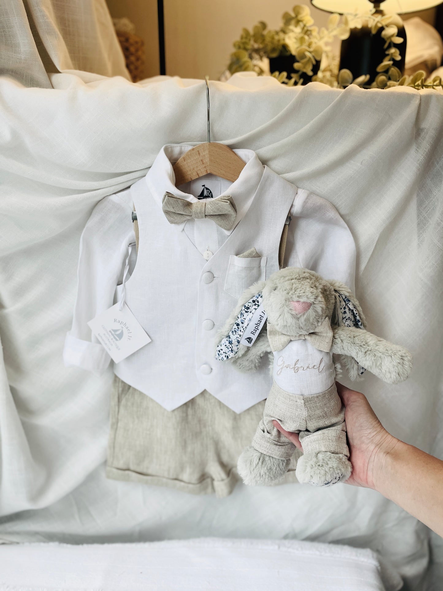 Boys white and beige linen set with vest, shirt, shorts, suspenders and bowtie