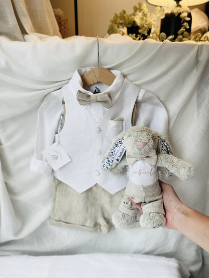 Boys white and beige linen Baptism and Wedding Outfit with vest, shirt, shorts, suspenders and bow tie