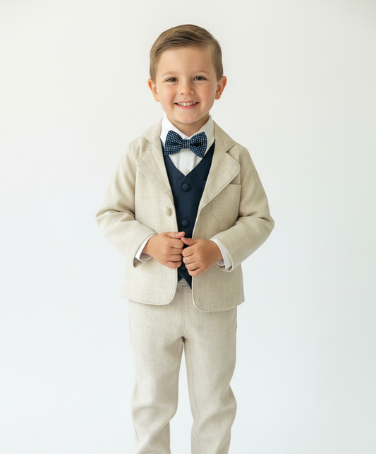 Beige linen suit with Navy blue vest