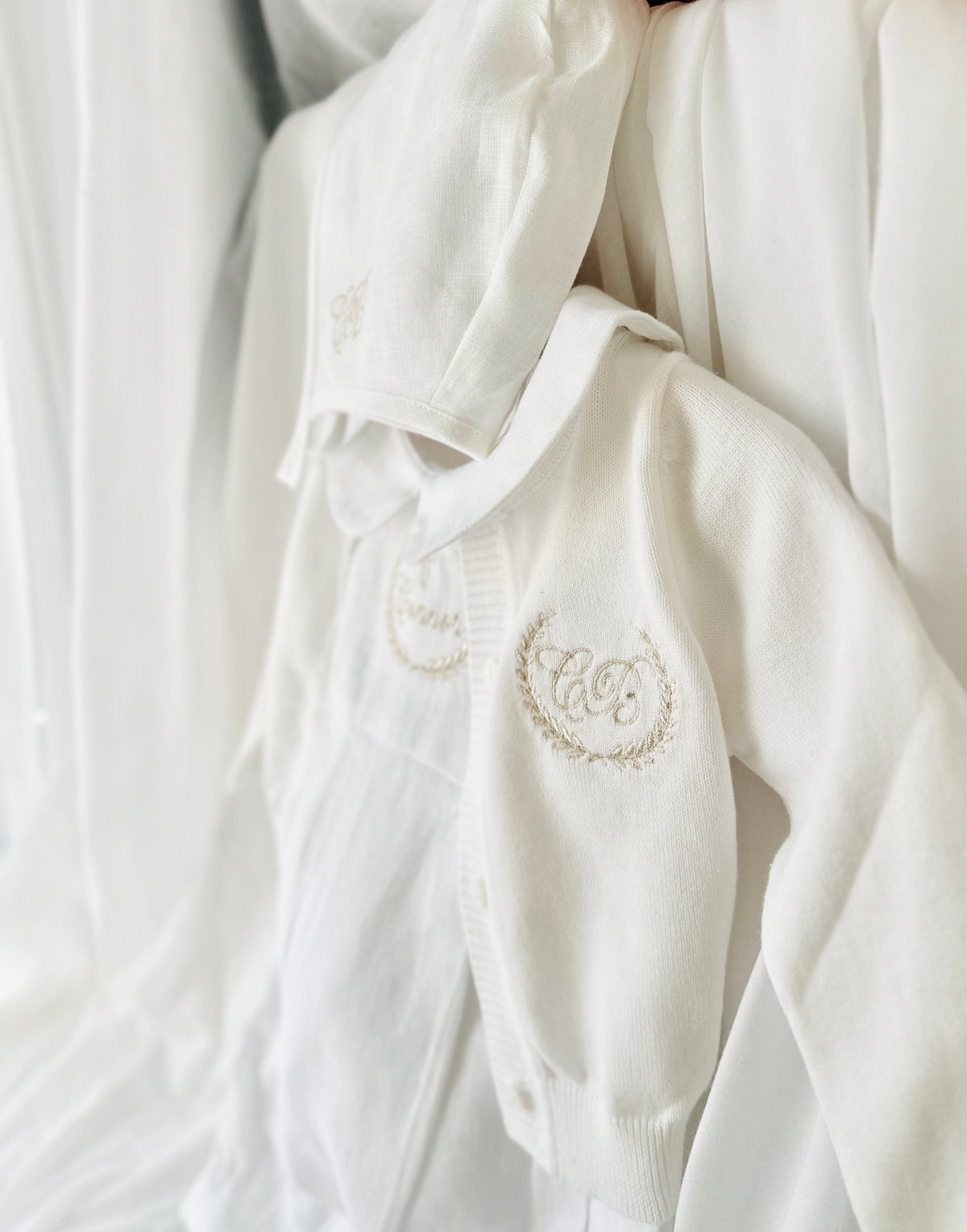 Linen Baptism 3/4 length jumpsuit romper with optional cardigan and embroidery