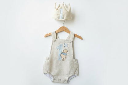 Beige and white linen and cotton baptism romper and linen shirt set