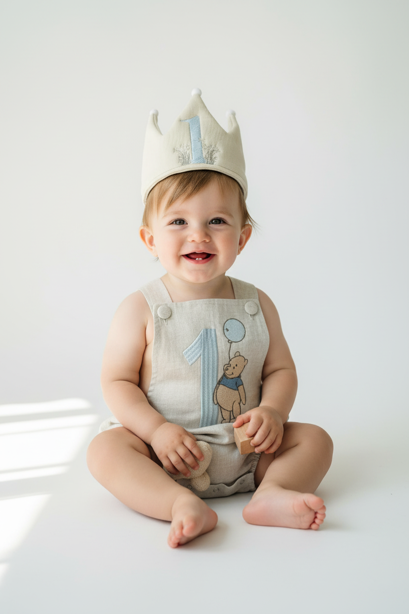 Boys Beige Linen First Birthday romper overalls wild one safari