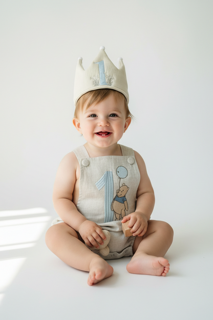 Boys Beige Linen First Birthday romper Pooh Bear and other designs
