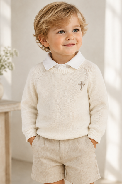 Baptism outfit with linen shirt, jumper and linen shorts