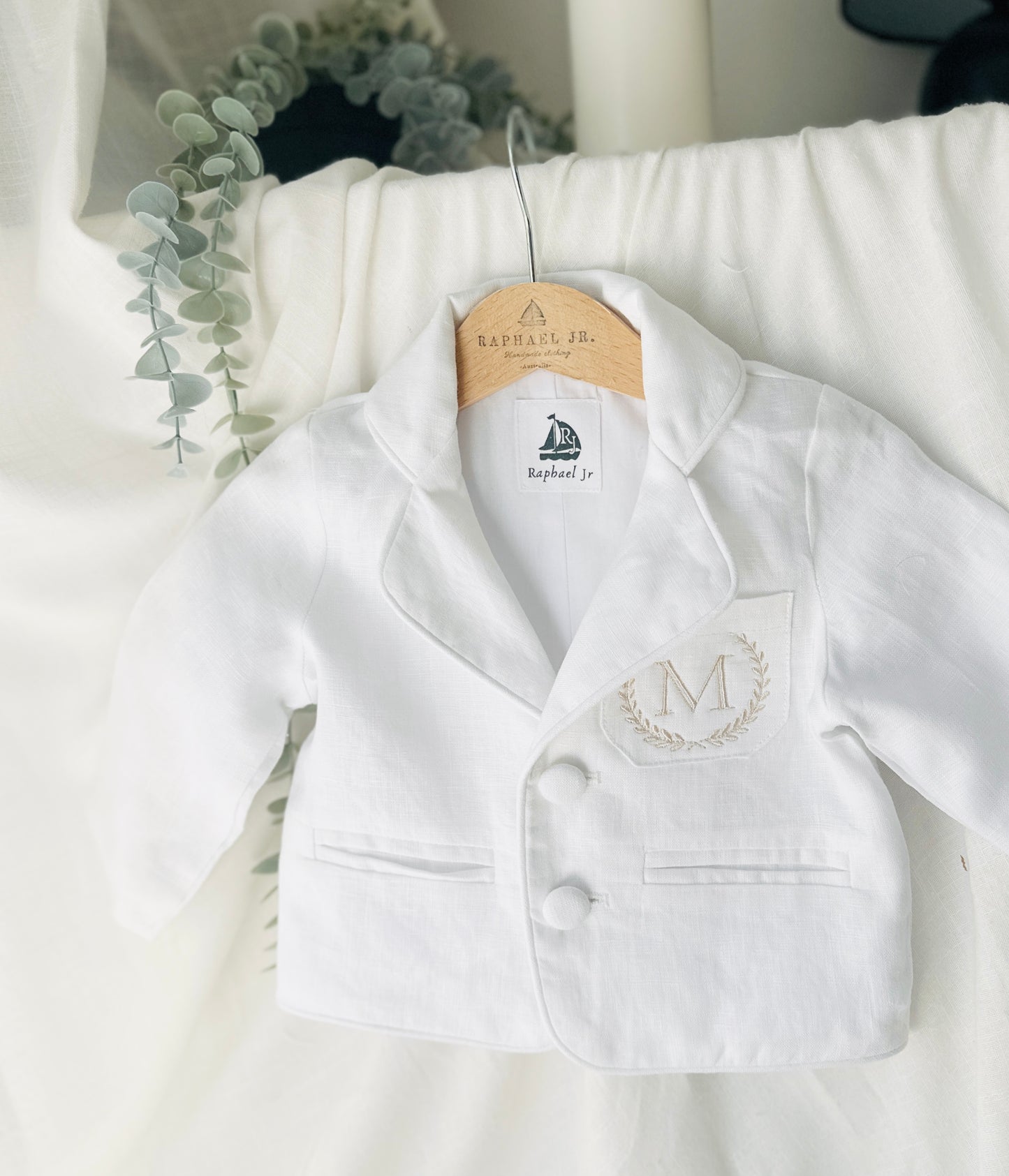 Boys White linen Baptism blazer jacket with optional embroidery