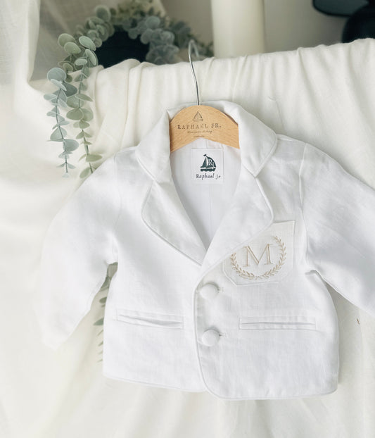 Boys White linen Baptism blazer jacket with optional embroidery