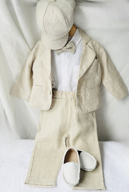 Beige linen pants and shirt set with bowtie and suspenders and optional personalisation