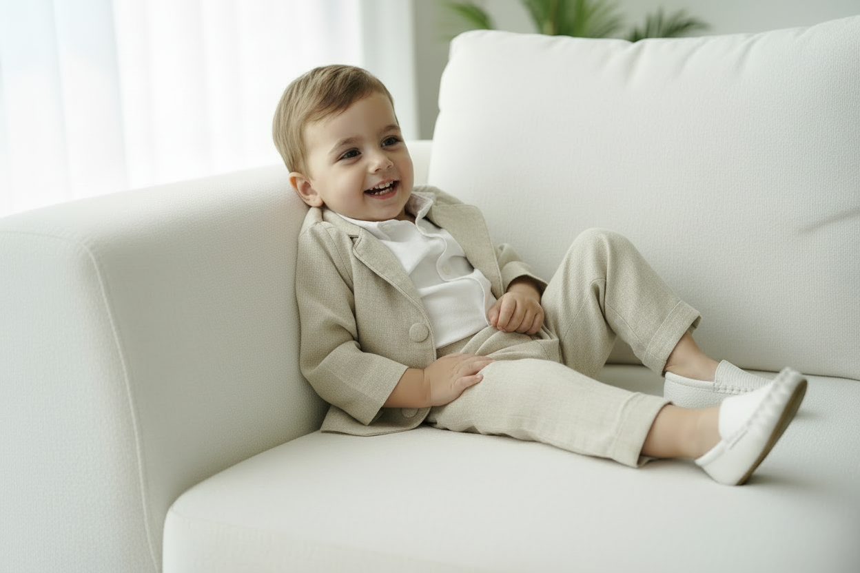 Beige Linen full length suit with pants, shirt, jacket and accessories