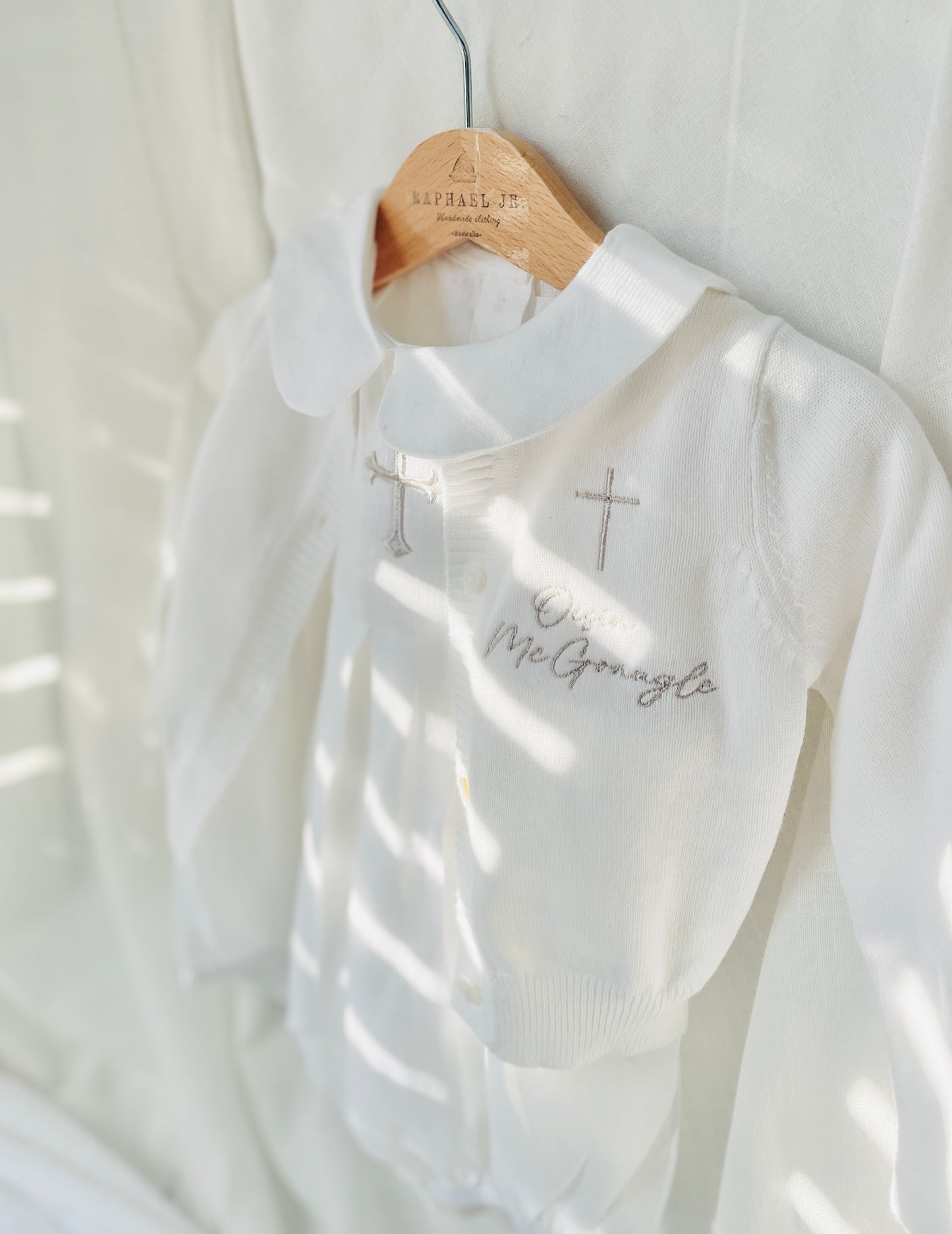 Linen Baptism peter pan collar bubble romper with optional embroidery customisation