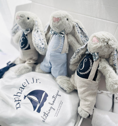 Blue chambray set with blue pants, white linen shirt, white, blue or beige suspenders and blue bow tie