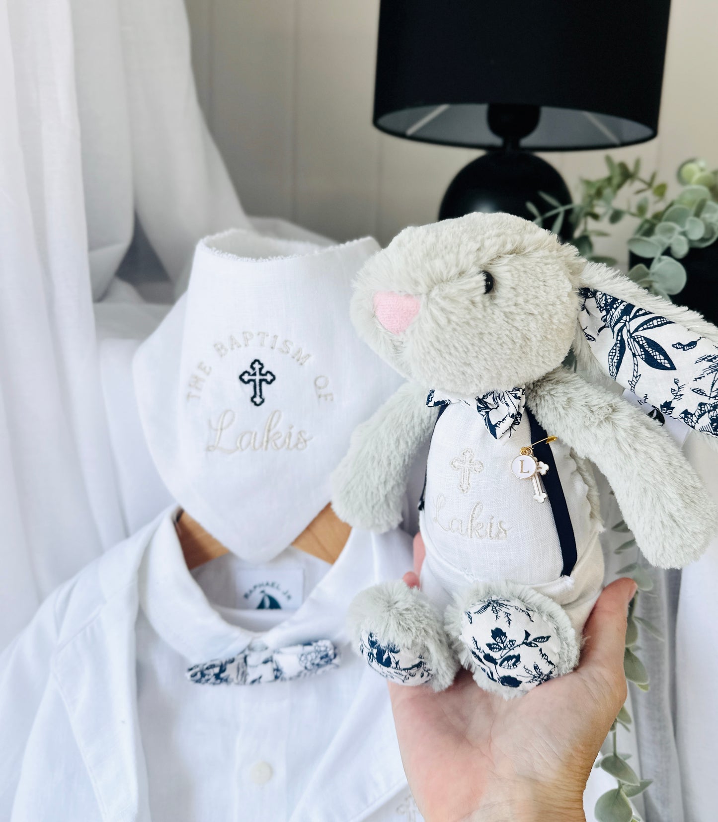 White linen Baptism Christening bib with optional embroidery