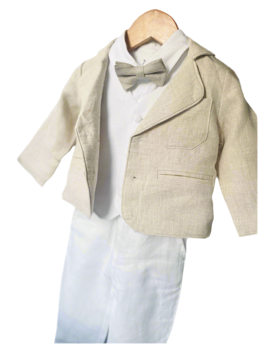 Boys White and Beige linen set with vest, shirt, pants, suspenders and bowtie plus optional jacket, cap and shoes