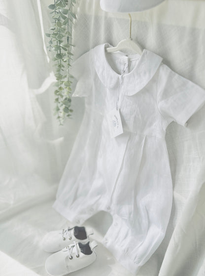 Linen Baptism 3/4 length jumpsuit with optional cardigan and embroidery