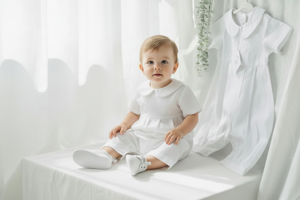 Linen Baptism romper dungaree jumpsuit with optional cardigan and embroidery