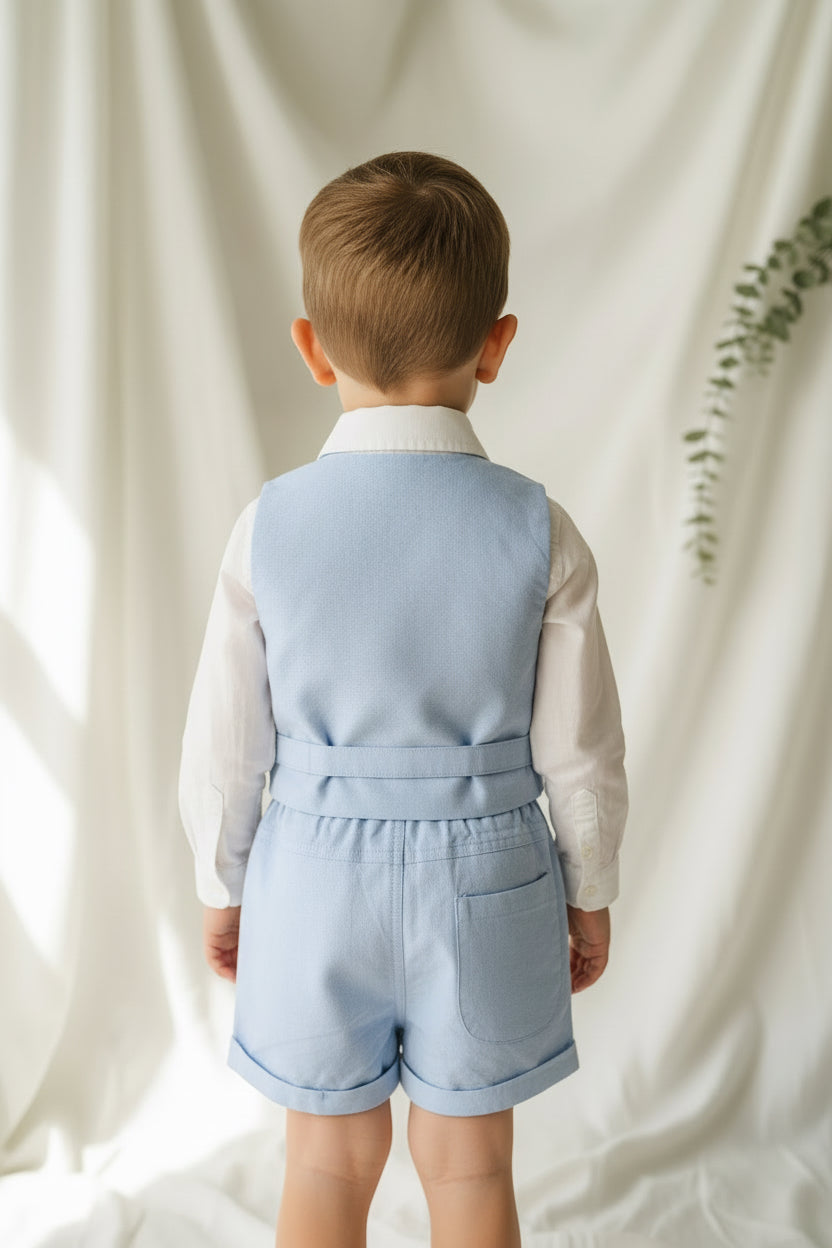 Pale blue summer vest set with blue vest, suspender shorts white shirt and bowtie